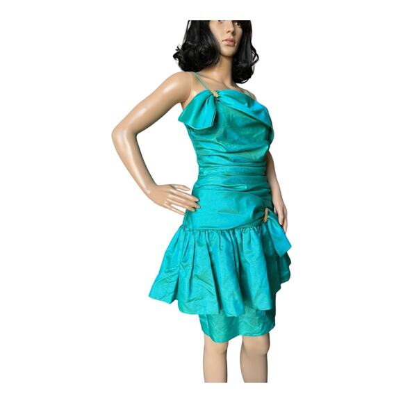 1980s Darcy Teal Iridescent Ruffled Prom Dress – Gold Accents, ILGWU small - Picture 10 of 14